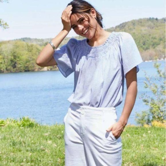 Striped Short Sleeve Smocked Yoke Top XS - Picture 7 of 8